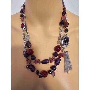 2/$30 Coldwater Creek Red Purple‎ Silver Beaded Multi Strand Necklace